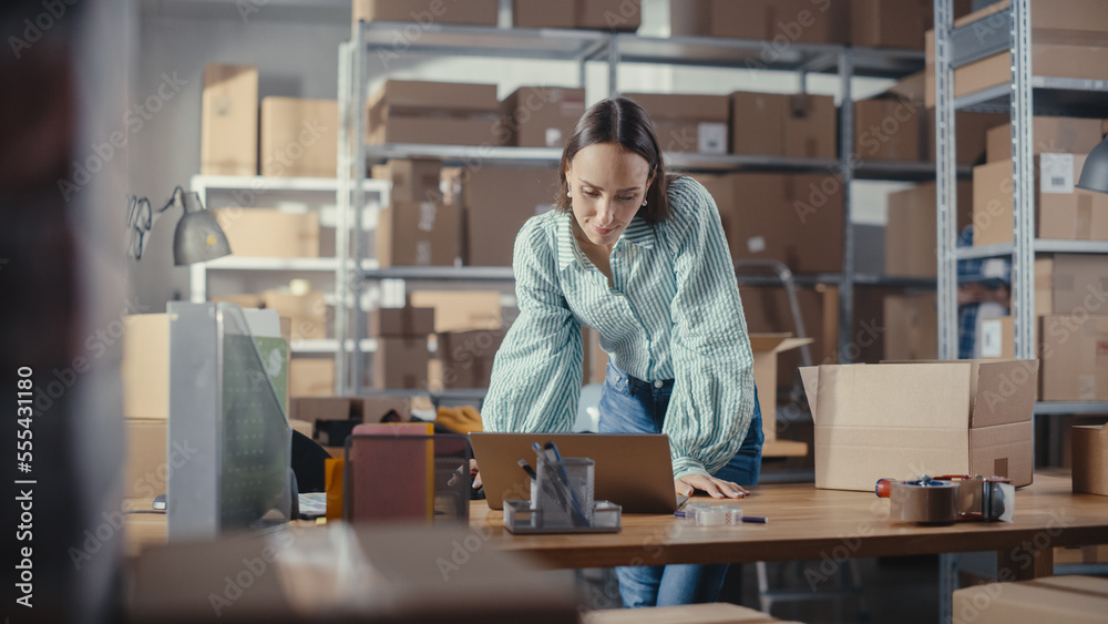 Small Business Owner of an Online Store Works on Laptop Computer while Standing at Her Desk in Warehouse. Female Employee Packing a Stylish Yellow Jumper in the Room with Shelves Full of Parcels. Small Business Owner of an Online Store Works on Laptop Computer while Standing at Her Desk in Warehouse. Female Employee Packing a Stylish Yellow Jumper in the Room with Shelves Full of Parcels.