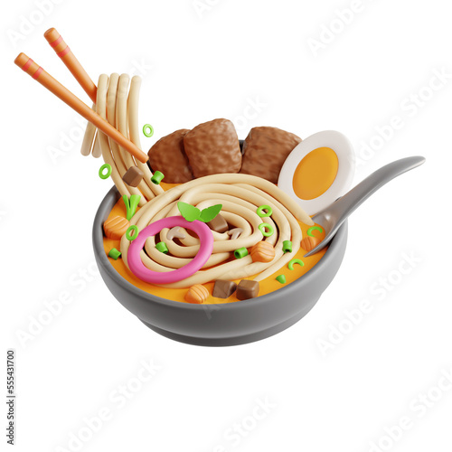 3d rendering Laksa ikan, asam laksa or fish noodle soup is made from rice noodles with broth fish soup, topping onion,chili, egg and mint leaf