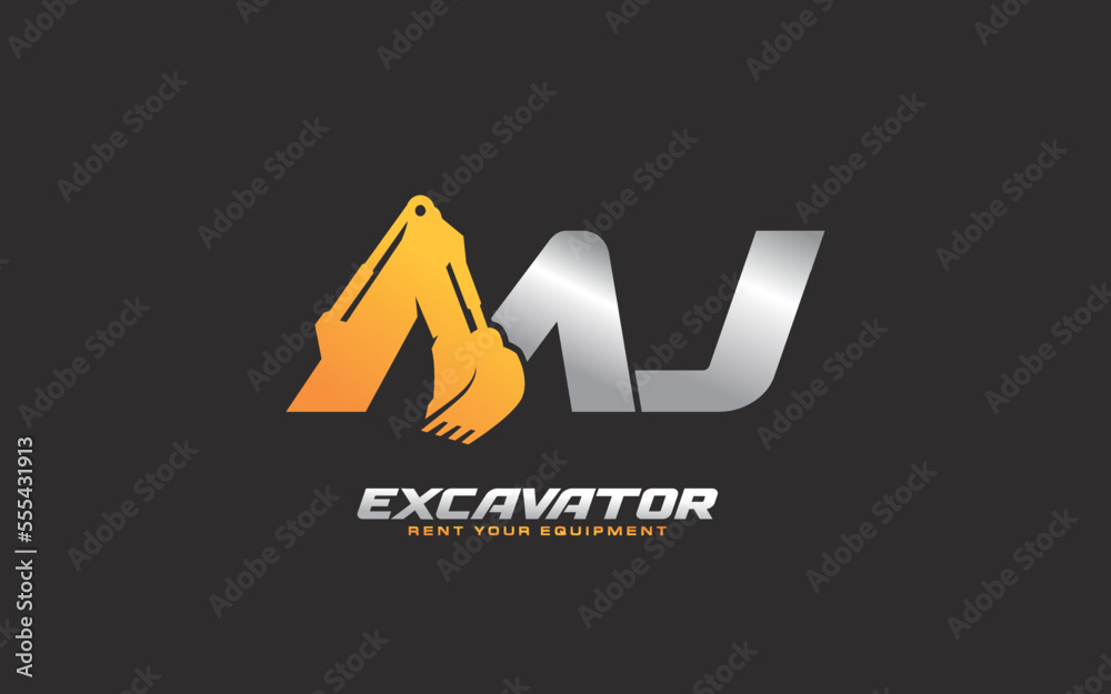 MJ logo excavator for construction company. Heavy equipment template vector illustration for your brand.