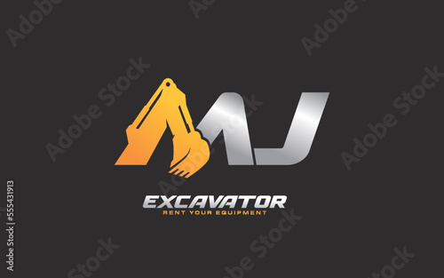 MJ logo excavator for construction company. Heavy equipment template vector illustration for your brand.