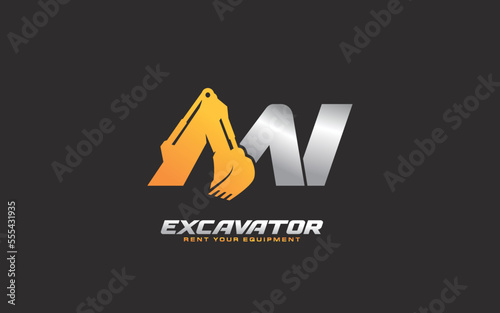 MI logo excavator for construction company. Heavy equipment template vector illustration for your brand.