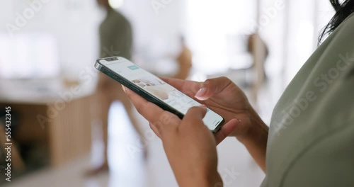 Hands, phone and business woman in office for research, internet browsing or social media. Tech, cellphone and female employee with mobile smartphone on website, app or web scrolling in workplace.