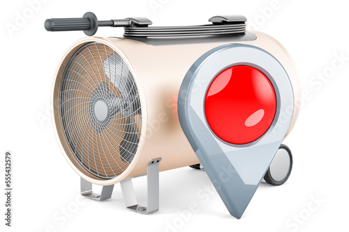 Industrial fan heater with map pointer, 3D rendering