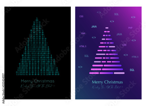 Set cards  Christmas with a digital Christmas tree. The upright Set is great for cards, brochures, flyers, and advertising poster templates. Vector illustration.