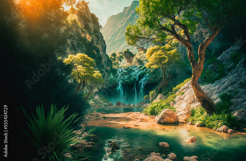 amazing waterfall in a tropical paradise landscape environment during sunset