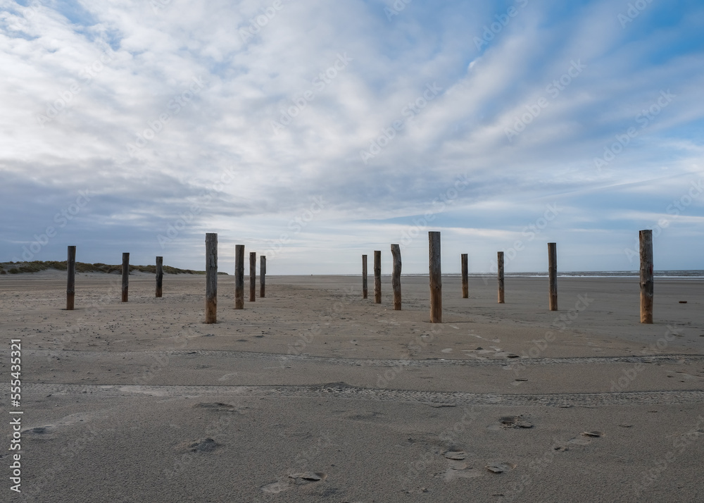 Wooden poles on the beach of Schiermonnikoog, Netherlands