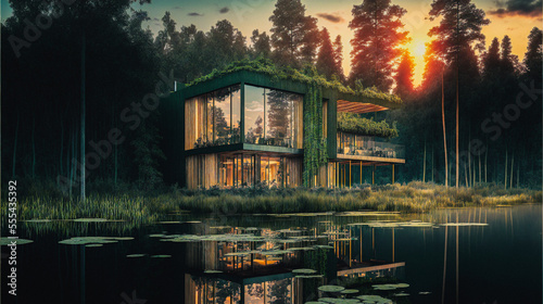 fantasy modern architecture cabin in a paradise landscape environment during sunset