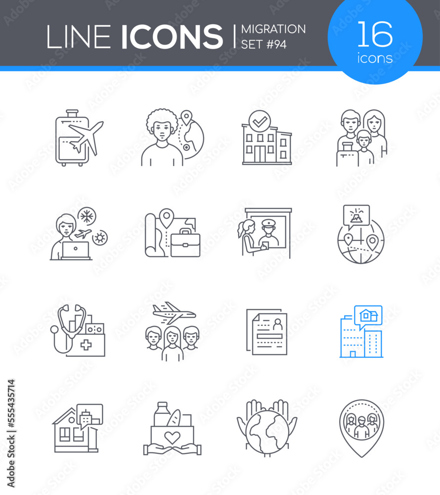 Human migration - line design style icons set on white background