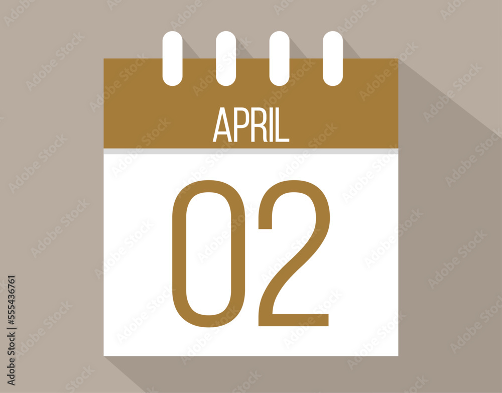 2 April calendar page. Vector icon of calendar page for April days. Brown color with shadow effect 2 April calendar page. Vector icon of calendar page for April days. Brown color with shadow effect