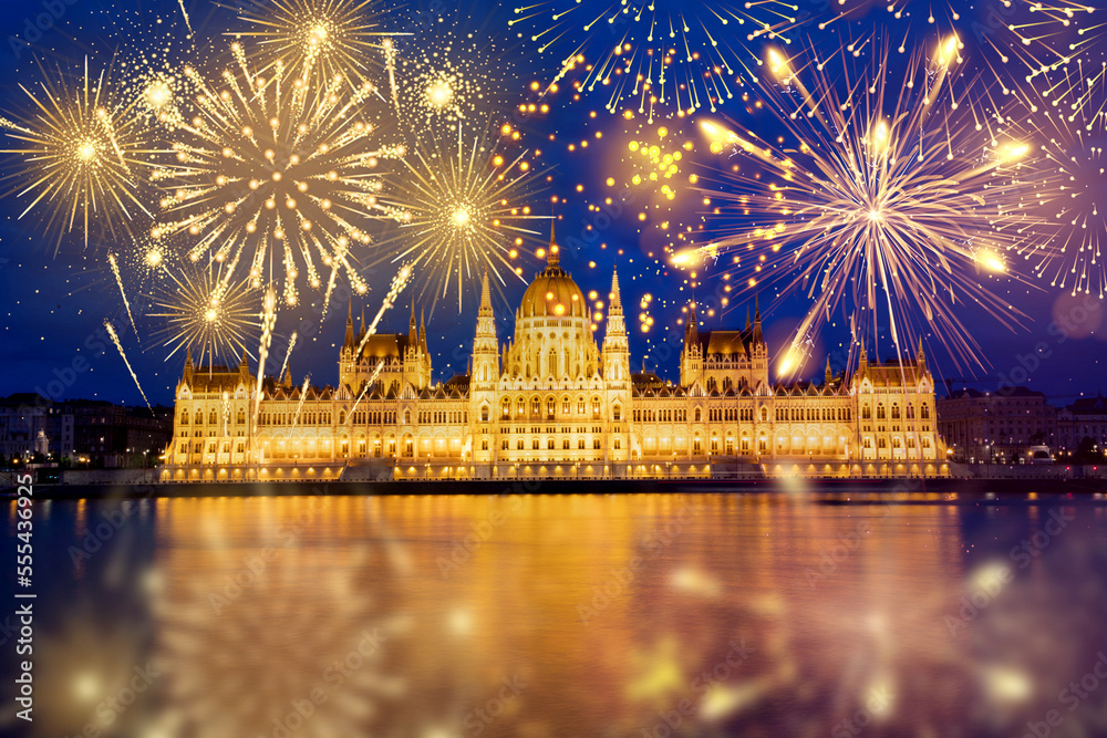 Fototapeta premium fireworks display over Budapest happy new year