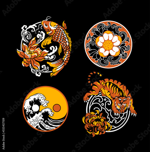 japanese culturel design elements. Hand drawn vector illustration of tiger, koi fish, cherry flower and big wave in sign of yin yang 