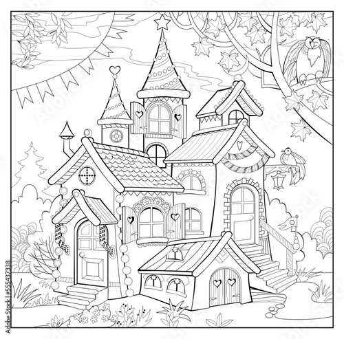 Coloring book for little children. Fantasy toy house in fairyland. Fabulous kingdom. Black and white drawing for kids worksheet. Vector illustration.