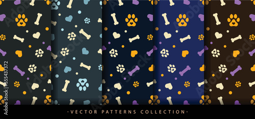 Colorful pet dog seamless pattern bone, food and polka dot with cute heart cat and dog paw pet scarf isolated prints pattern background
