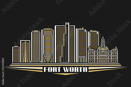 Vector illustration of Fort Worth, dark card with linear design famous american city scape on dusk sky background, modern urban line art concept with decorative lettering for white text fort worth photo