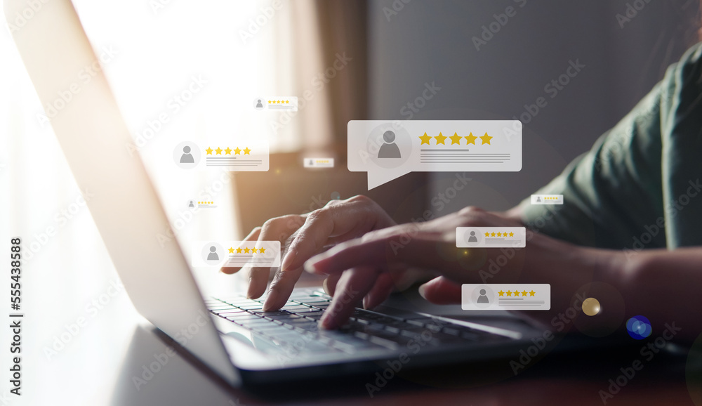 Customer review good rating concept, hand pressing user and five star icon on visual screen for positive customer feedback, testimonial and testimony, user comment and feedback for review. - obrazy, fototapety, plakaty 
