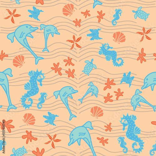 Cream background and blue dolphins seamless pattern background. Perfect for fabric, scrapbooking, quilting, wallpaper and many more projects.