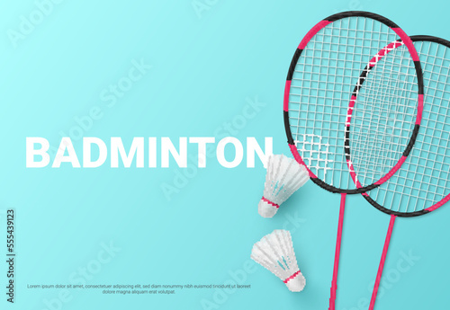 Badminton banner racket shuttlecock sport competition tournament realistic vector illustration