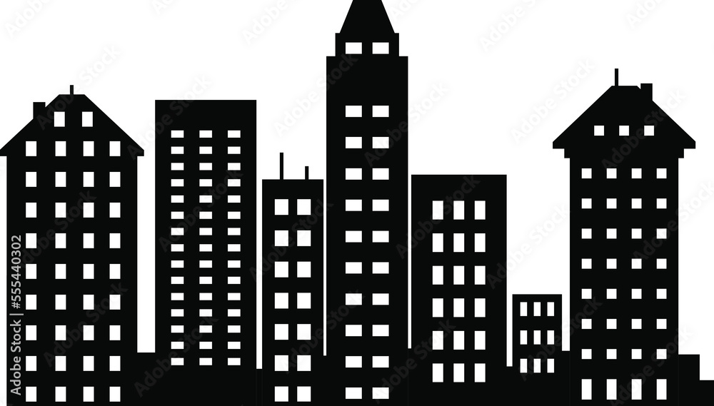City buildings silhouette different construction vector  illustrations isolated on white background. Black in flat silhouettes of skyscrapers and low-rise buildings. Architectural constructions set