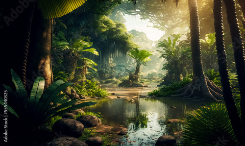 Fototapeta Naklejka Na Ścianę i Meble -  A beautiful fairytale enchanted jungle rainforest with sunbeams. Enchanted tropical rain forest. Digital art	