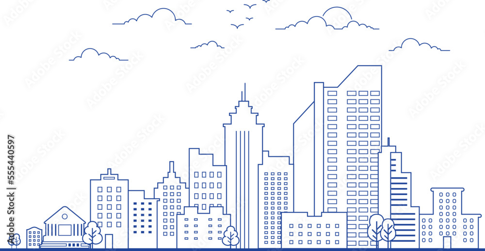 Line art vector city skyline with cloud illustration