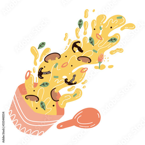 broth with mushrooms and red pepper. hand drawn vector illustration in flat style