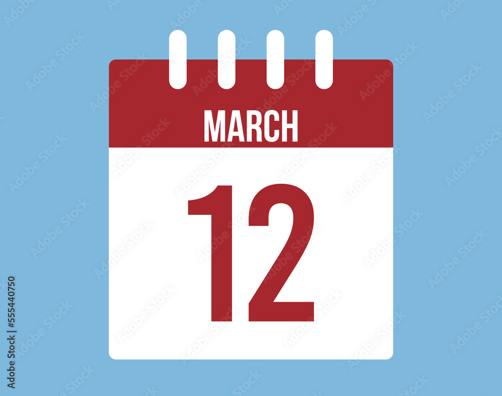 12 March day calendar vector. Red calendar page icon on blue background for March days 12 March day calendar vector. Red calendar page icon on blue background for March days