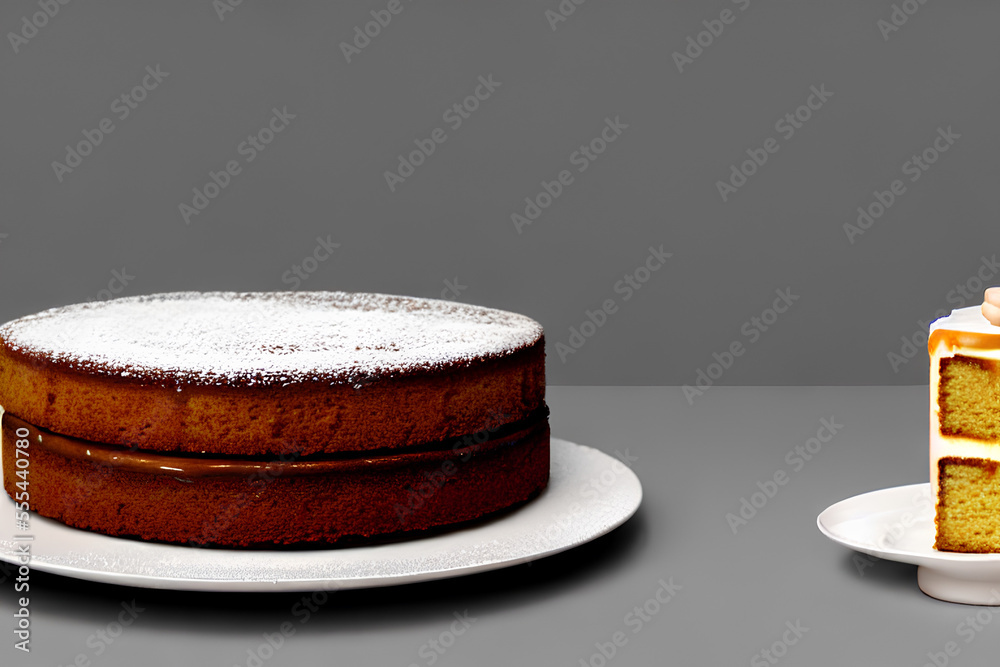 plate with delicious caramel cake on table blurred, chocolate, background, generative ai technology plate with delicious caramel cake on table blurred, chocolate, background, generative ai technology
