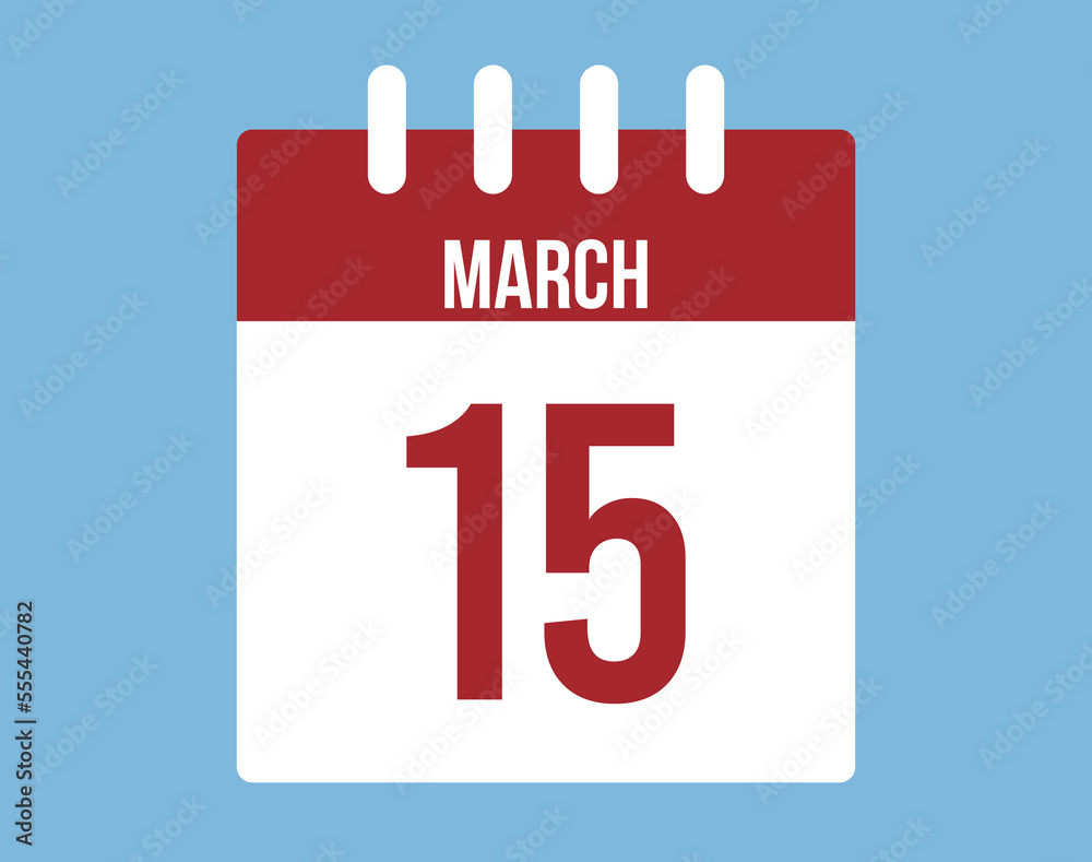 15 March day calendar vector. Red calendar page icon on blue background for March days 15 March day calendar vector. Red calendar page icon on blue background for March days