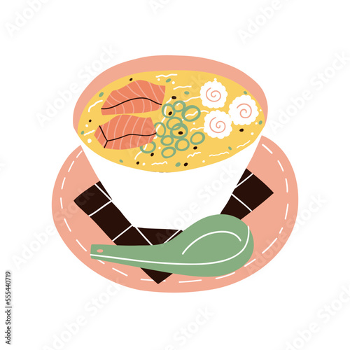 broth with fish. hand drawn vector illustration in flat style