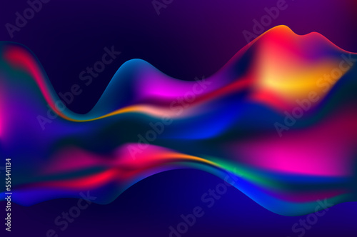 Abstract liquid holographic shape. Colorful fluid design elements on dark background. Vector 3D background.
