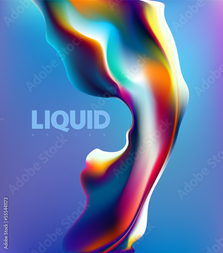 Abstract liquid holographic shape. Colorful fluid design elements on blue background.
