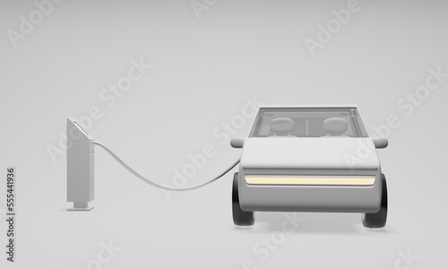 3D EV, eco car model with electric charger station. The power supply is connected to the electric vehicle for charging to the battery. 3D rendering illustration.