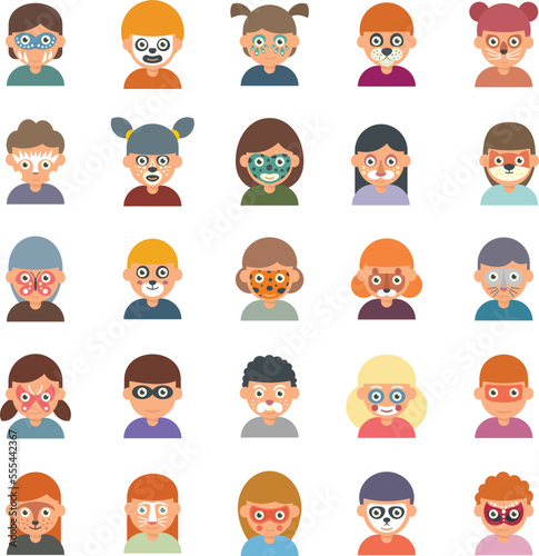 Face painting icons set flat vector. Paint kids make up. Birthday face painting isolated