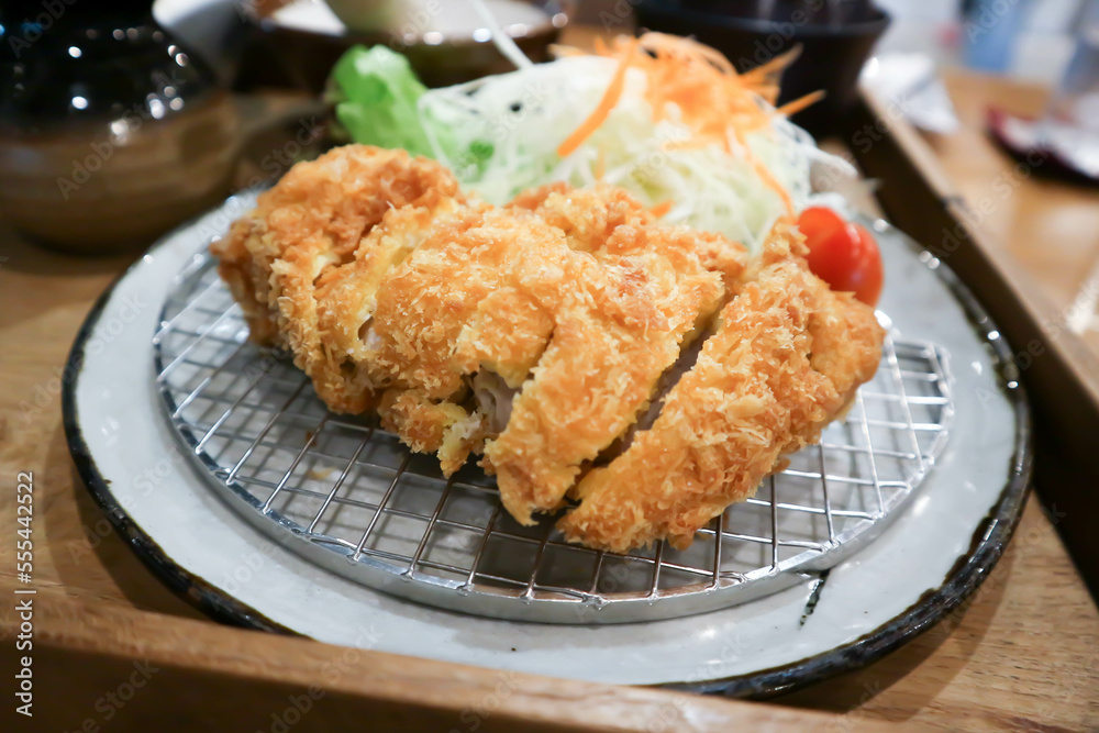 deep fried chicken, fried chicken with salad or Japanese fried chicken deep fried chicken, fried chicken with salad or Japanese fried chicken