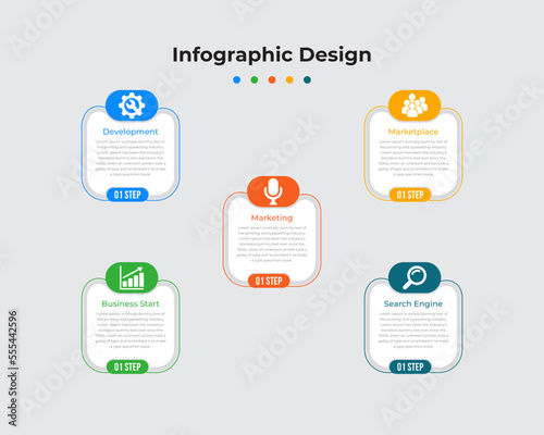 Modern Infographics Design, Business Infographics Template, 5 steps, Can be used for workflow layout, Vector illustration