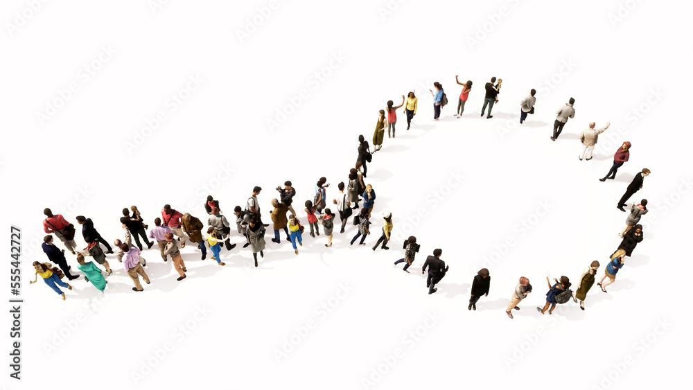 Concept or conceptual gathering of people forming an image of a magnifying glass on white background. A 3d illustration metaphor for science, research, fun, games and exploration. Concept or conceptual gathering of people forming an image of a magnifying glass on white background. A 3d illustration metaphor for science, research, fun, games and exploration.