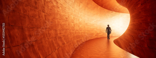 Concept or conceptual dark tunnel with a bright light at the end or exit. 3d illustration as metaphor to success, faith, future or hope, a black silhouette of walking man to new opportunity or freedom