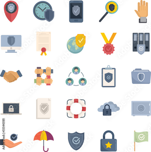 Reliability icons set flat vector. Customer principles. Social reliability trust isolated
