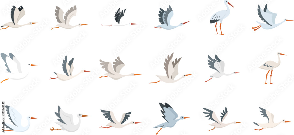 Stork icons set flat vector. Bird fly. Newborn stork isolated