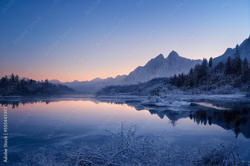 Amazing winter wonderland with mountains and lake. Designed using Generative AI.