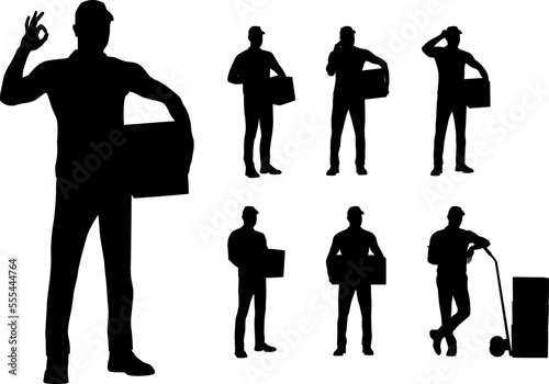 Set of silhouettes of warehouse workers with the package. Delivery guy is holding a cardboard box in different poses. Vector flat style illustration isolated on white. Full-length view	