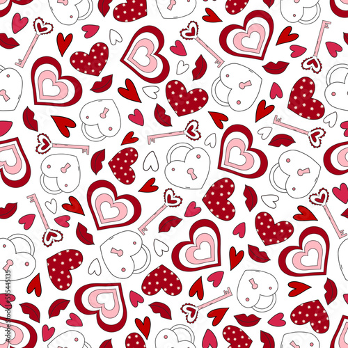 Groovy Retro Valentine's Day love and hearts vector seamless pattern, digital paper repeating background. Pink, magenta hearts Valentines day love paper for textile, fabric, wrapping, stationery