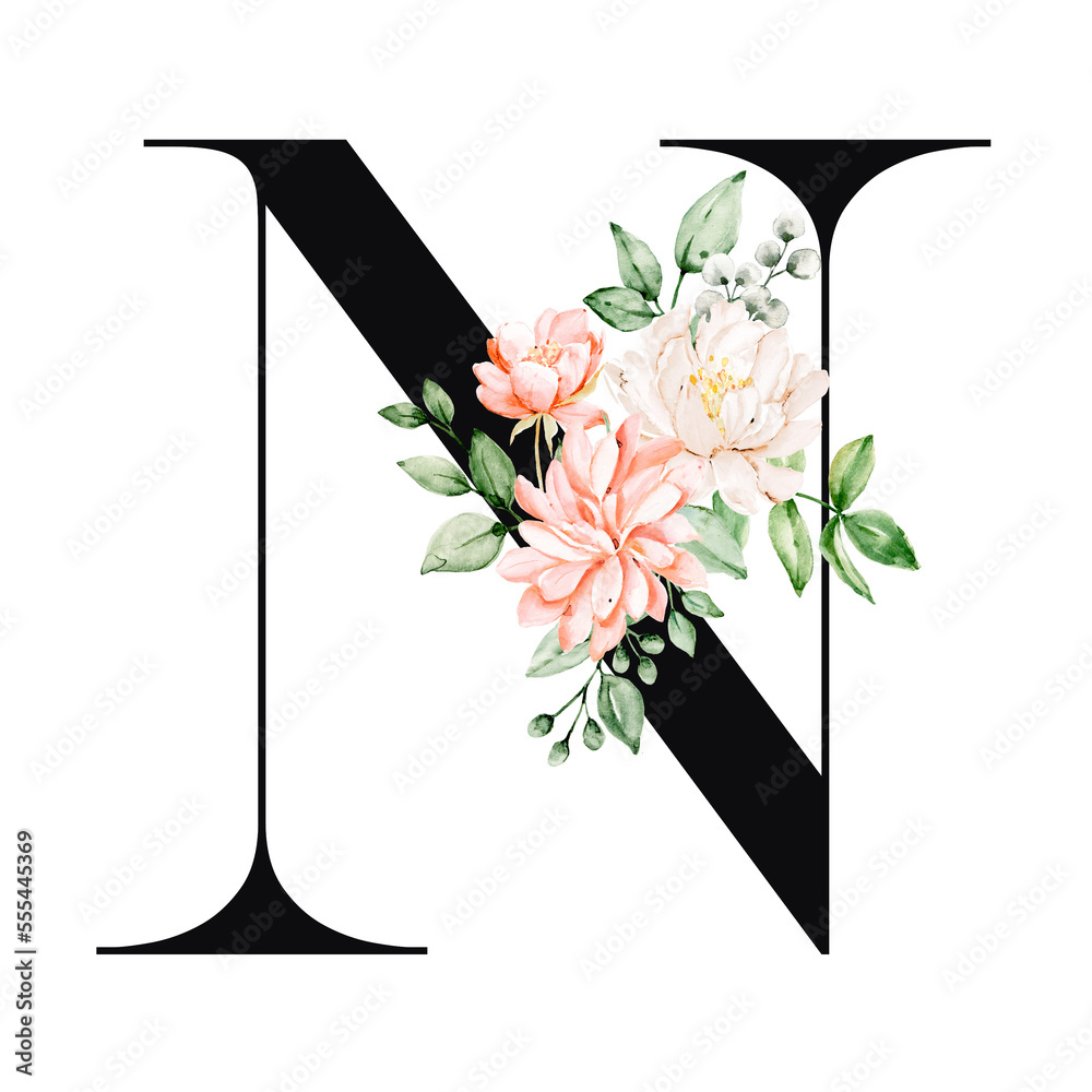 Alphabet, Letter N With Watercolor Flowers And Leaf. Monogram Initials 