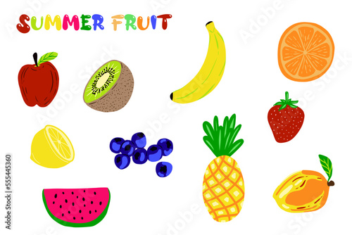 Summer fruit vector illustration set  kiwi  banana  strawberry  lemon  orange  blueberries  pineapple  mango  watermelon 