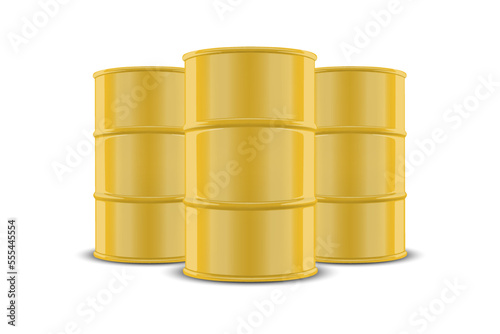 Vector 3d Realistic Three Yellow Barrels, Hazard Liquid. Caution Barrel, Radioactive, Hazardous Chemical Materials, Toxic Pollution, Many Danger Barrels, Set Closeup Isolated. Front View