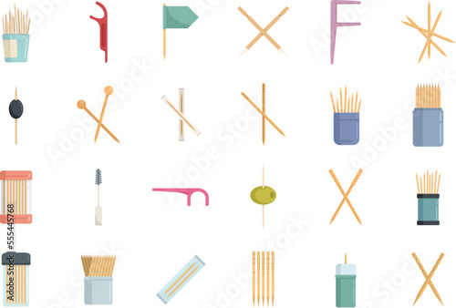 Toothpick icons set flat vector. Clean accessory. Dental toothpick isolated