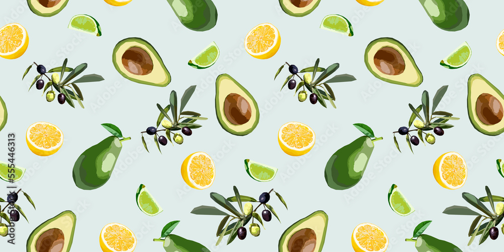 Avocado, olive, lemon and lime seamless pattern Avocado, olive, lemon and lime seamless pattern