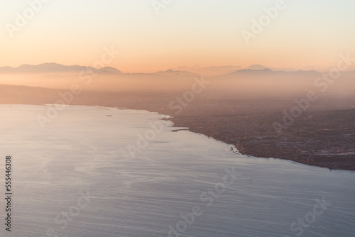 Panorama of the Gulf of Naples at sunset. View of Mount Vesuvius and the Bay of Naples from Mount Faito