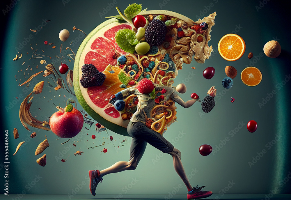 Running man made from fruit and vegetables. Concept on theme of healthy lifestyle.