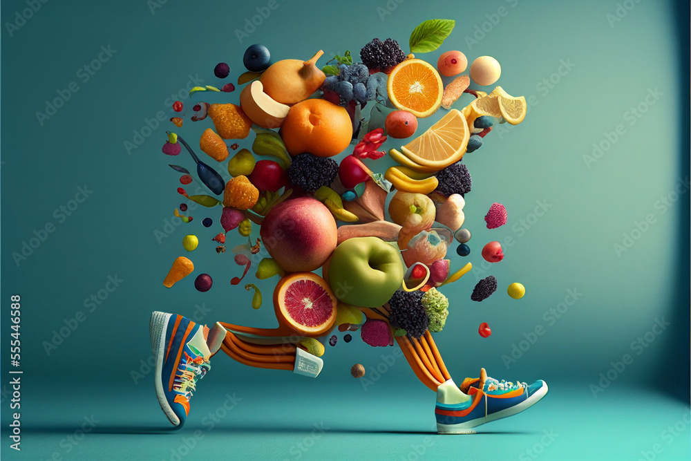 Running man made from fruit and vegetables. Concept on theme of healthy lifestyle. Stock